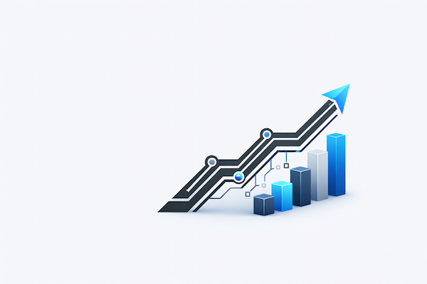 A high-tech upward growth arrow integrated with circuit nodes and data bars, symbolizing scalable business performance.