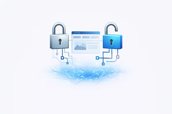 A digital interface featuring an open padlock and circuit connections, representing transparent ownership and technical freedom.