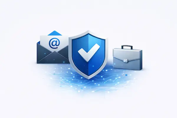 A secure blue shield with a checkmark, flanked by professional email and briefcase icons, representing a credible and secure business presence.